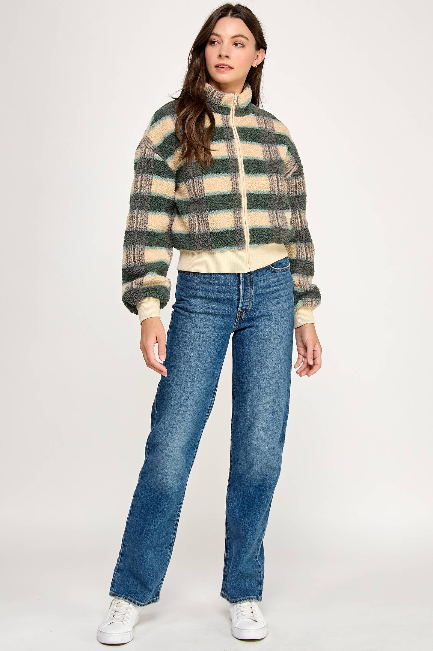 PLAID SHERPA JACKET-CREAM FOREST