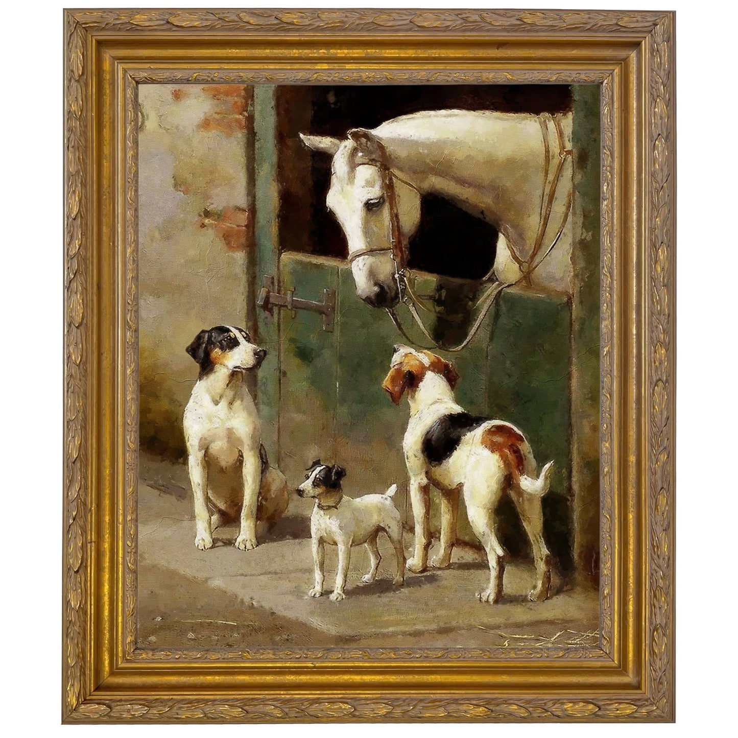 Dog and Horse at Stable Framed Painting Print on Canvas
