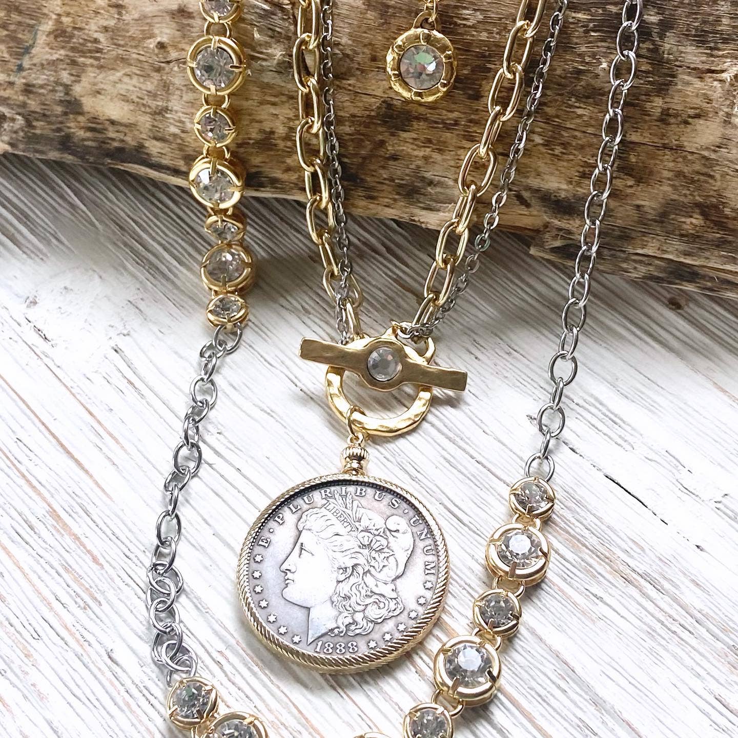 Coin necklace boutique jewelry crystal handmade mixed metal