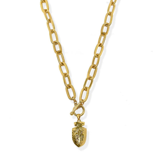 Long chain & fleur de lys arrow pendant