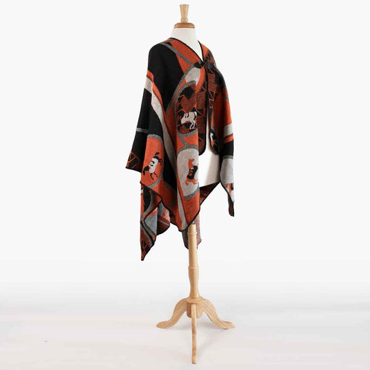 Adina -  Equestrian Motif Shawl in Tangerine, Charcoal and Black Luxe Wrap