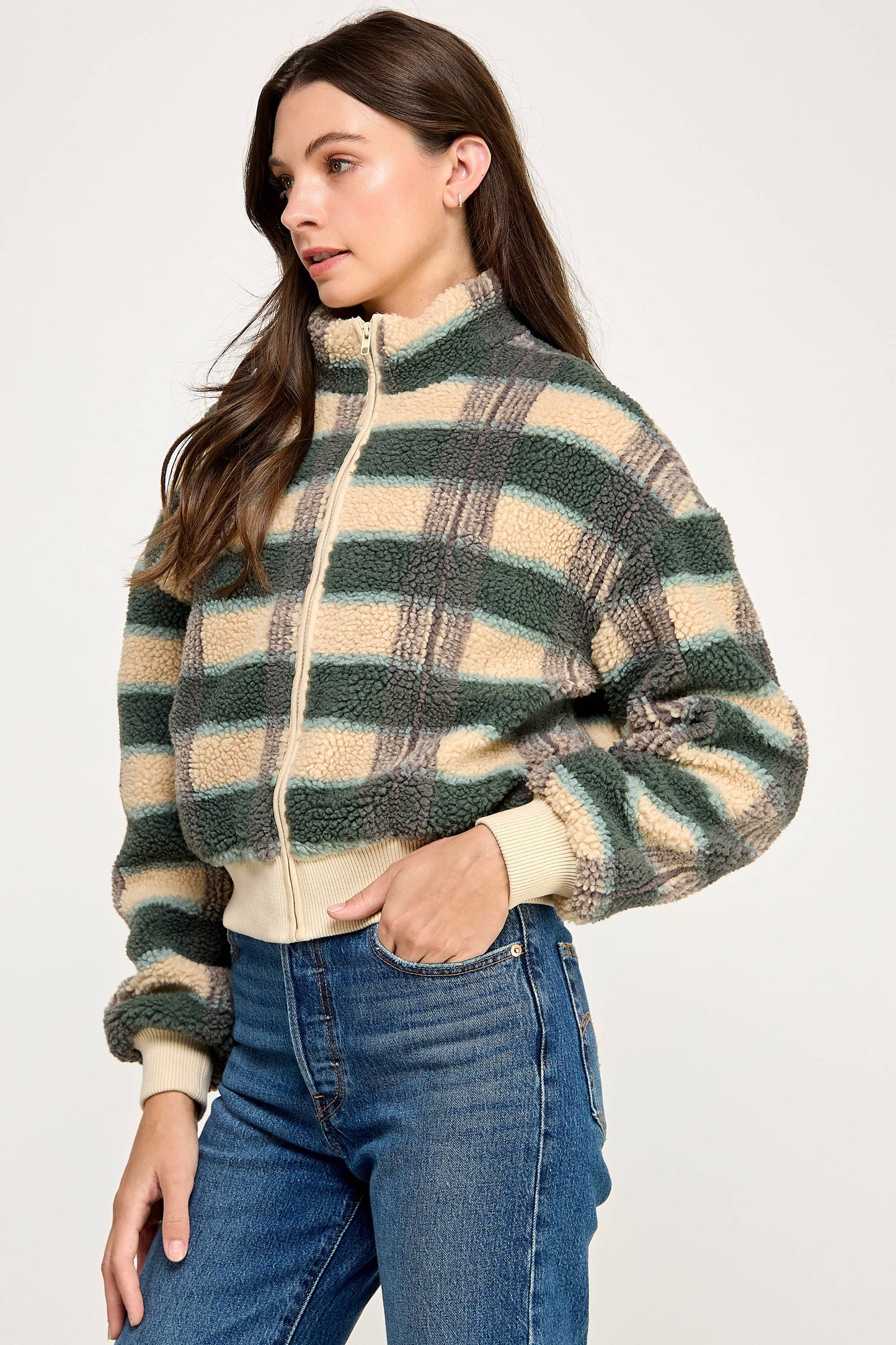 PLAID SHERPA JACKET-CREAM FOREST