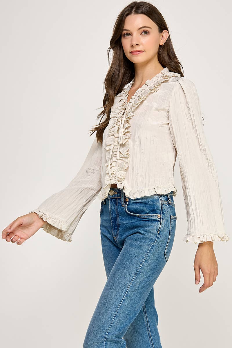 LONG-SLEEVE RUFFLED V-NECK BLOUSE