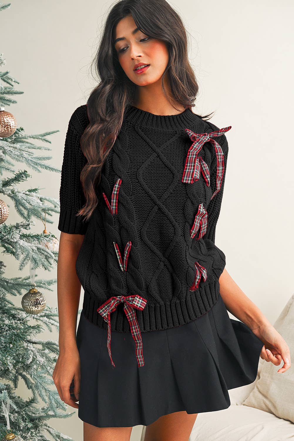 LDC Cable Knit Christmas Holiday Puff Short Sleeve Sweater