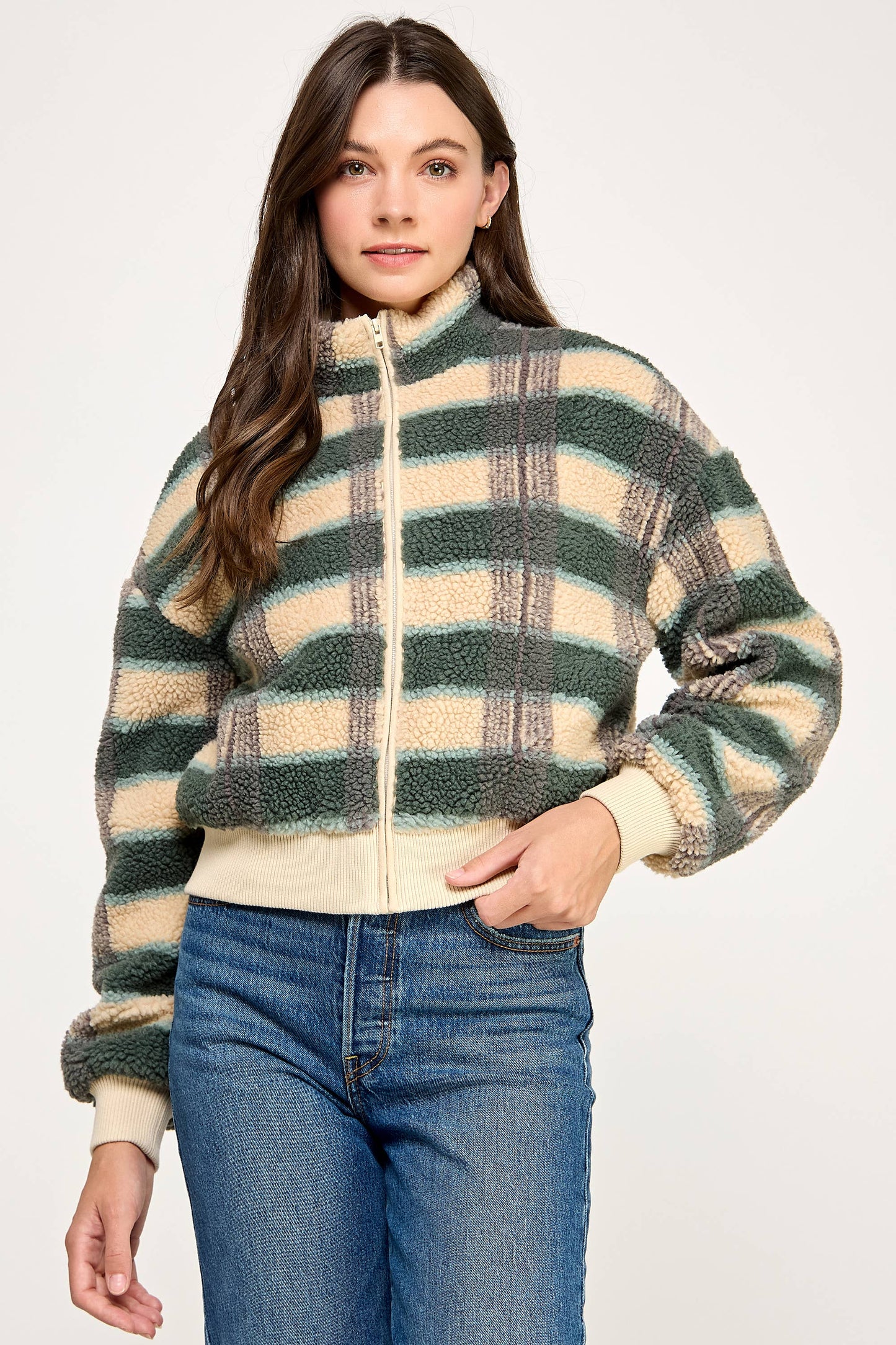 PLAID SHERPA JACKET-CREAM FOREST