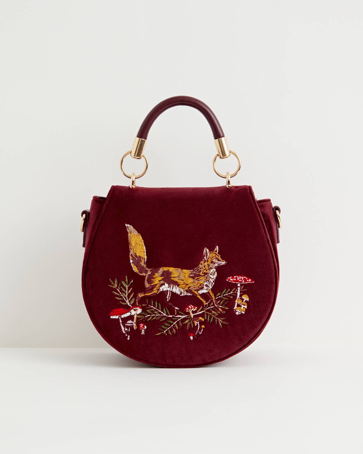 Fox & Mushroom Embroidered Velvet Saddle Purse