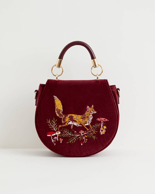 Fox & Mushroom Embroidered Velvet Saddle Purse