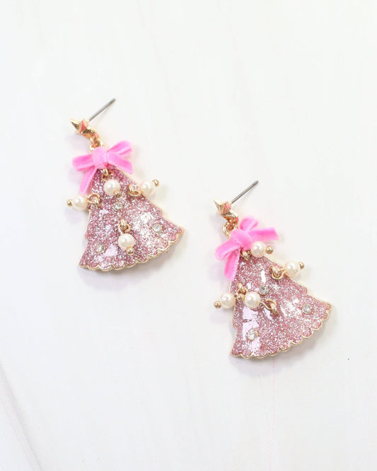 Christmas Tree Earring with Bow and Pearls Pink