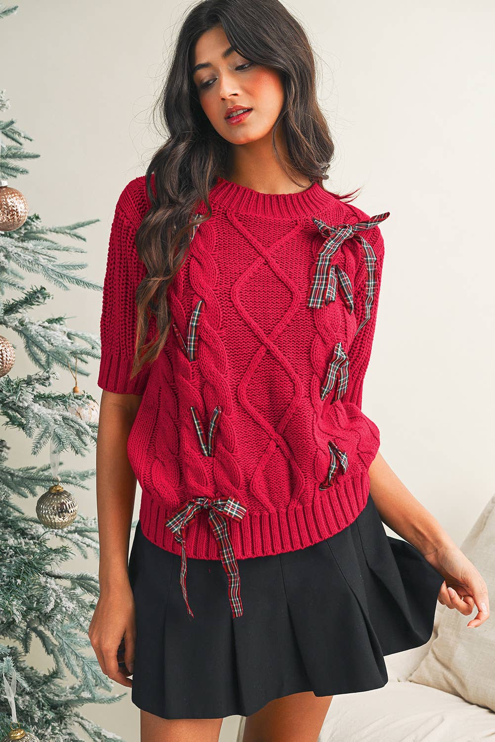 LDC Cable Knit Christmas Holiday Puff Short Sleeve Sweater