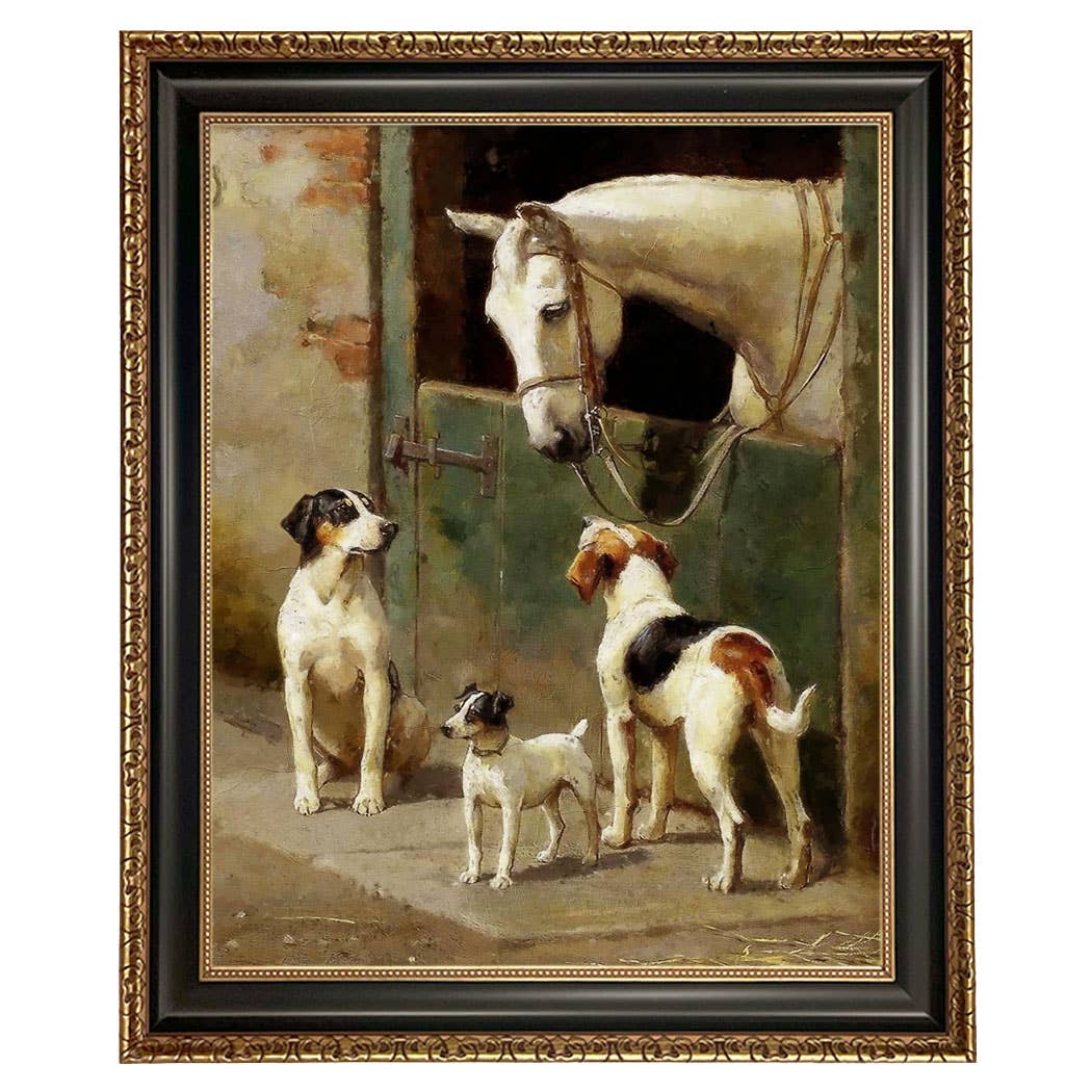 Dog and Horse at Stable Framed Painting Print on Canvas