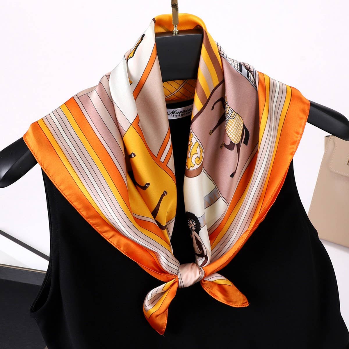 Vintage Letter Print Satin Square Scarf for Women_CWASC0809