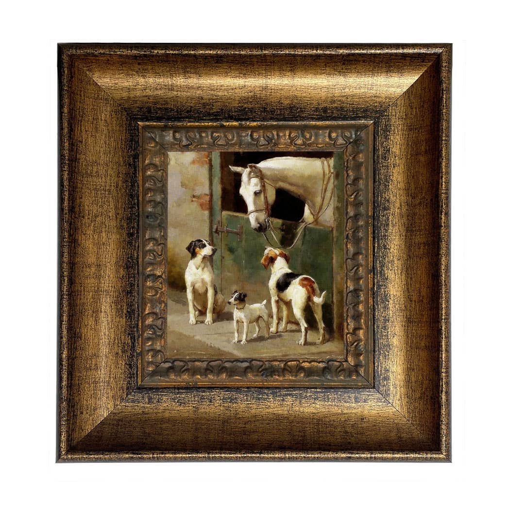 Dog and Horse at Stable Framed Painting Print on Canvas