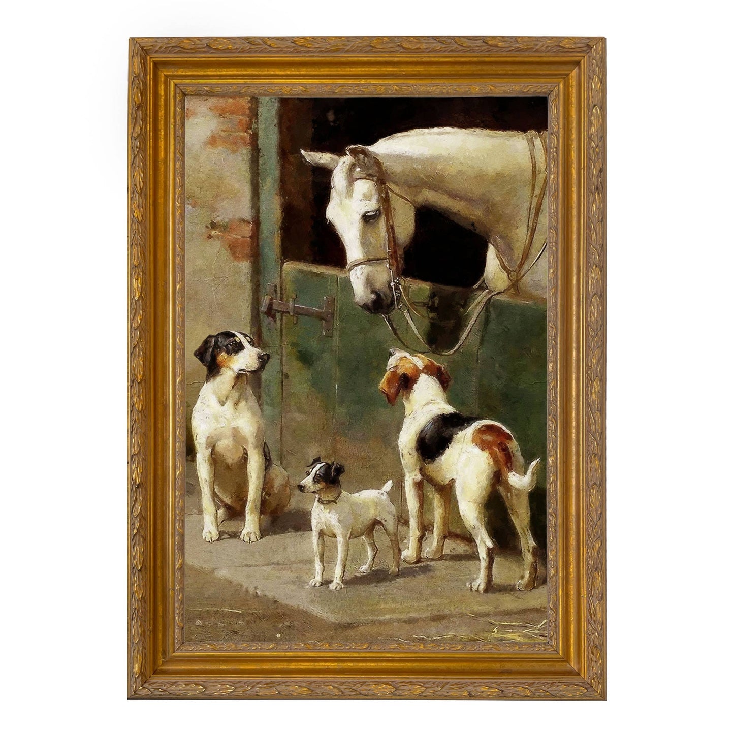 Dog and Horse at Stable Framed Painting Print on Canvas