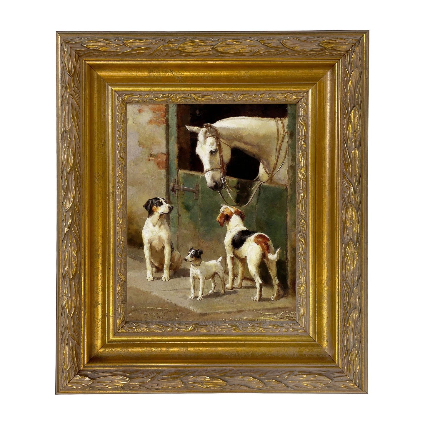 Dog and Horse at Stable Framed Painting Print on Canvas