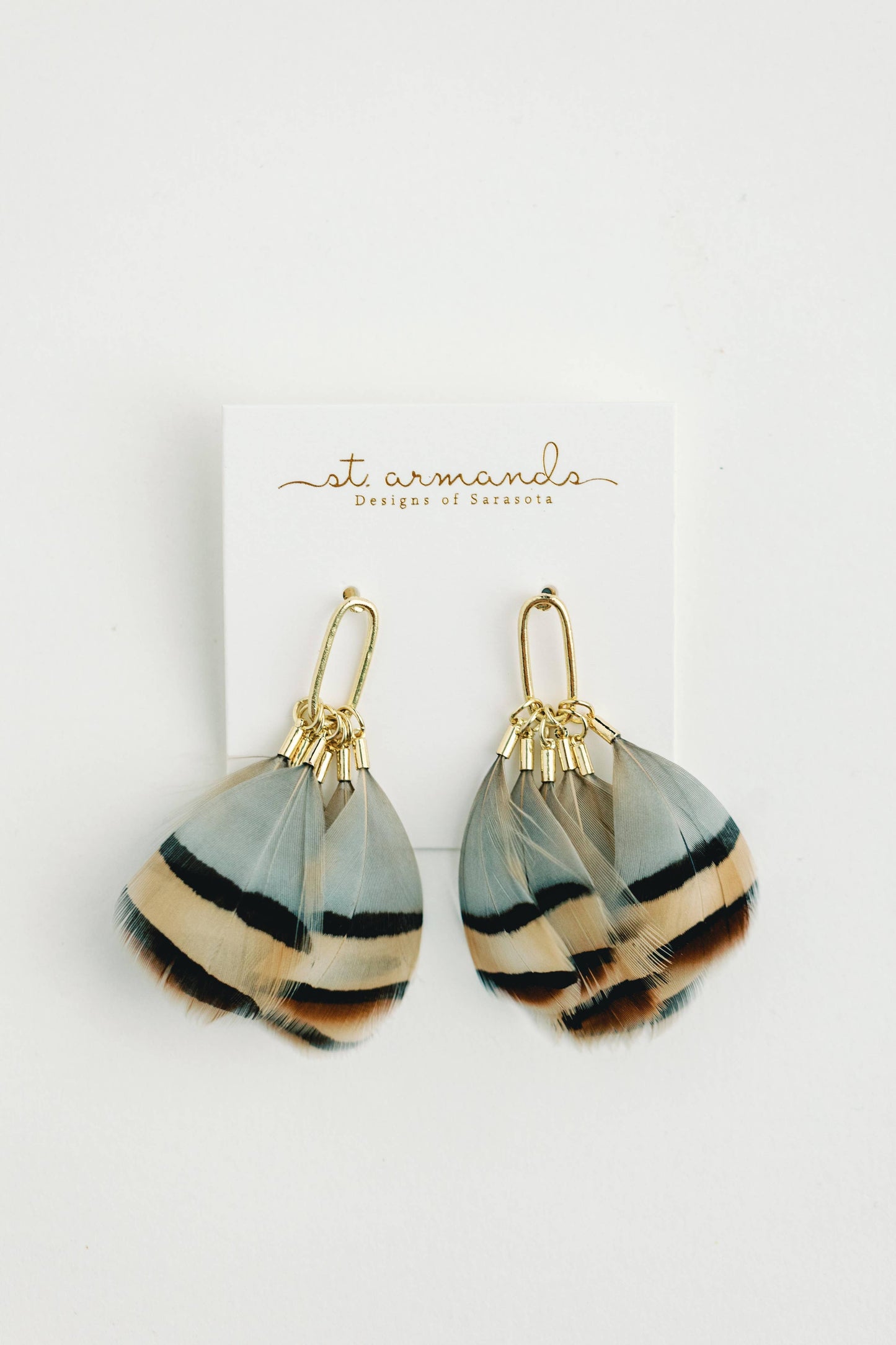 Brown Striped Fall Feather Statement Tassel Earrings