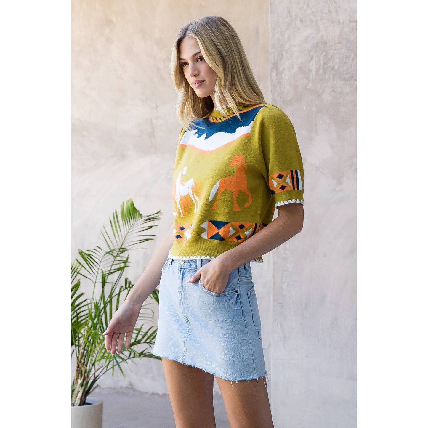 Short Sleeve Horse Detail Top