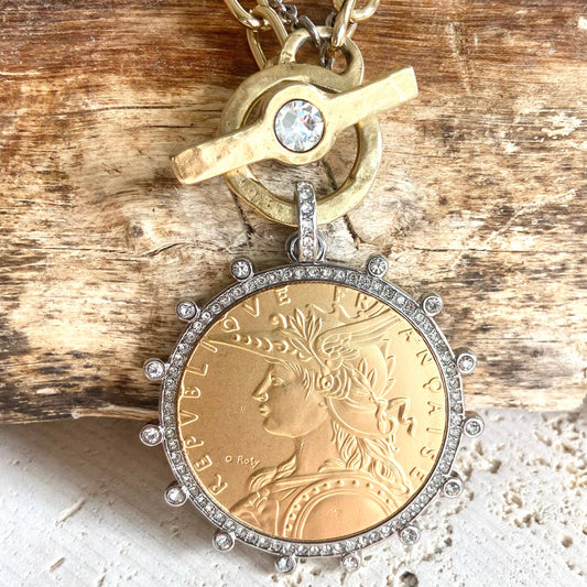 French coin medallion necklace boutique jewelry mixed metal