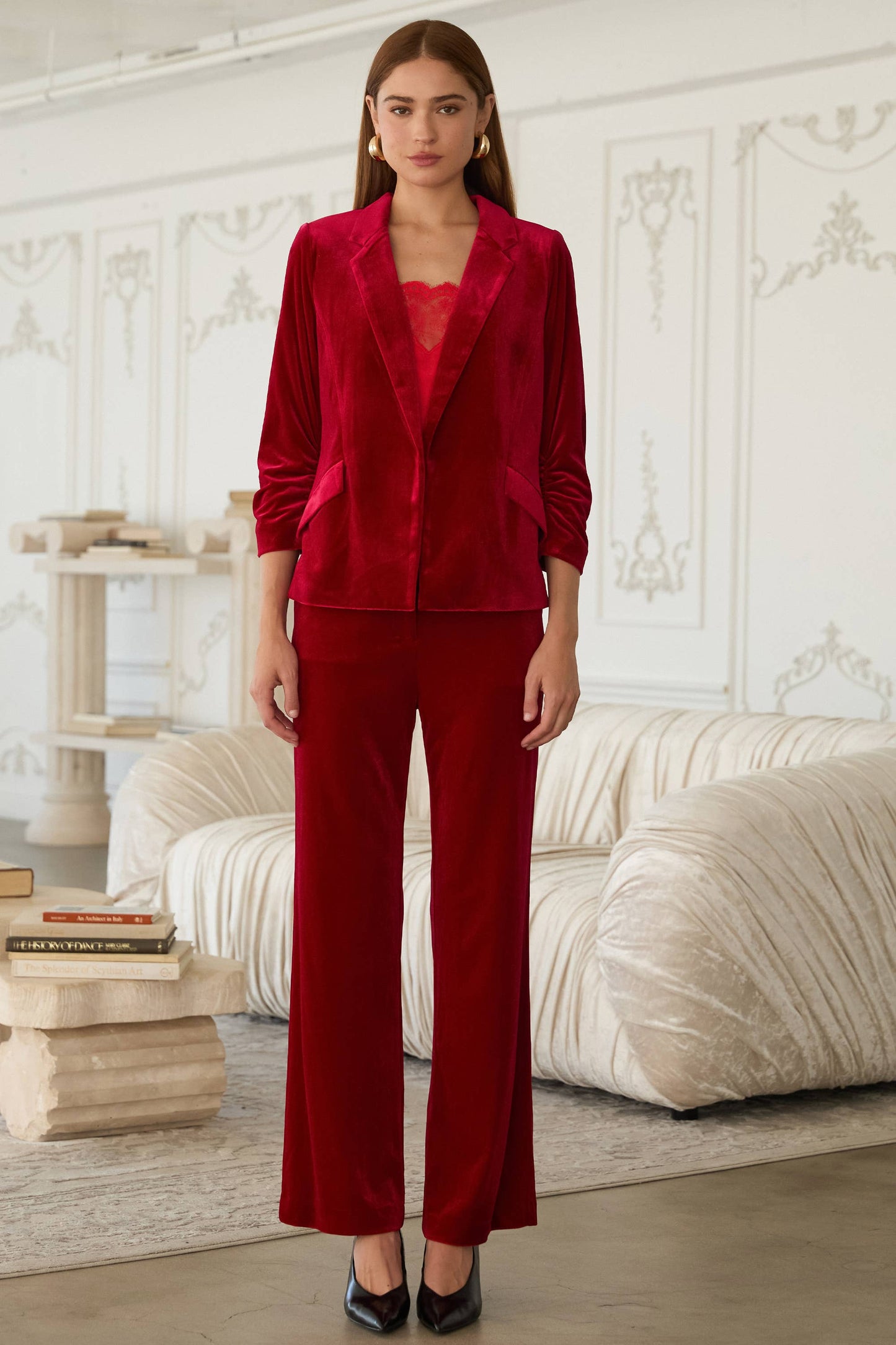 Velvet Blazer with Ruched Sleeves