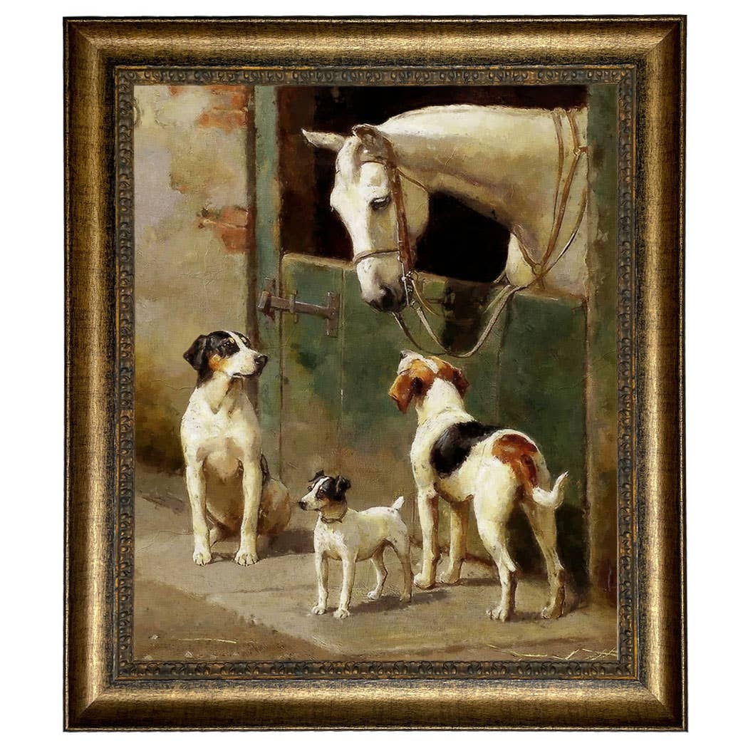 Dog and Horse at Stable Framed Painting Print on Canvas