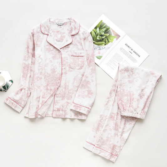 Pink Toile Women Pajamas Set – Summer Cotton Loungewear 