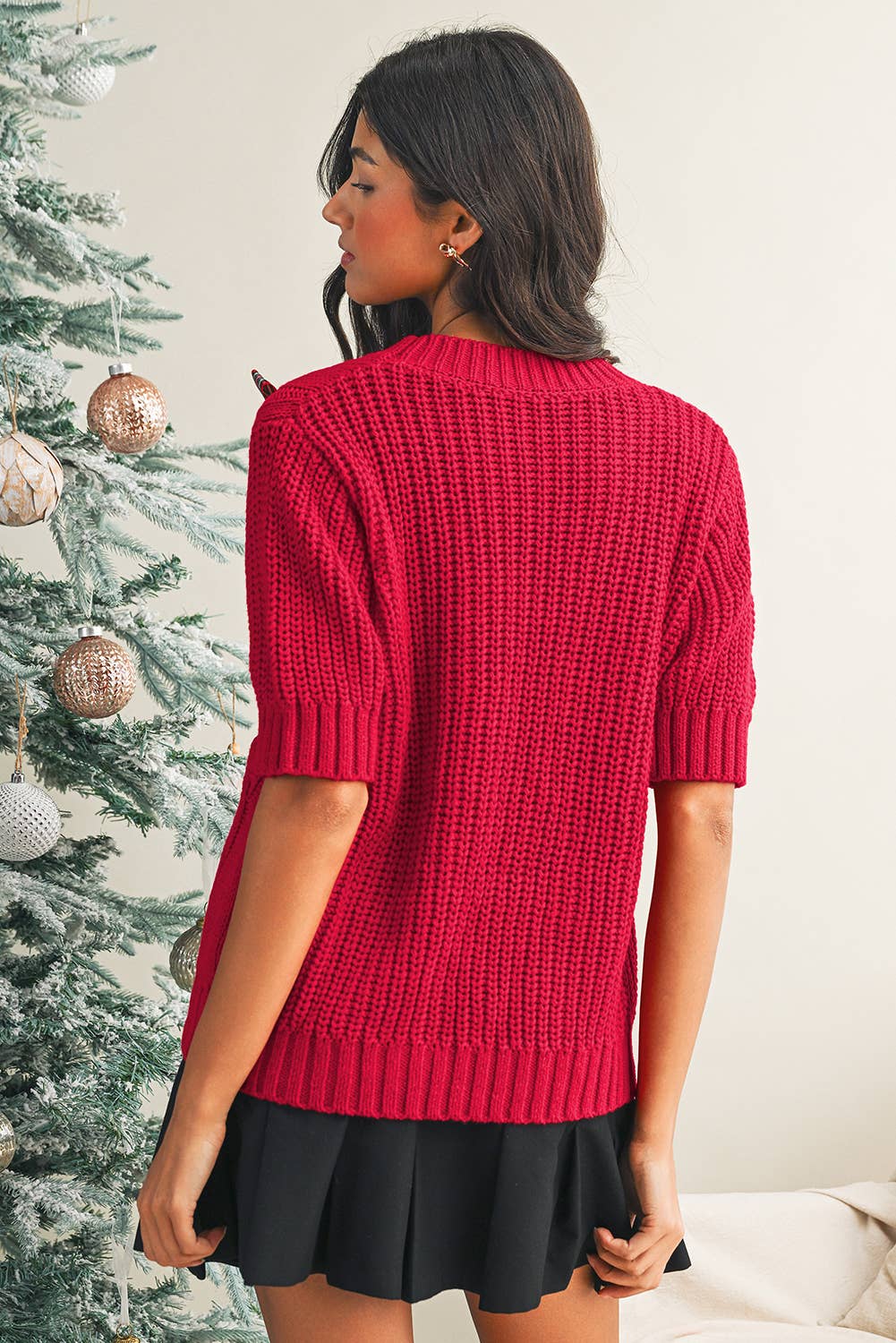 LDC Cable Knit Christmas Holiday Puff Short Sleeve Sweater