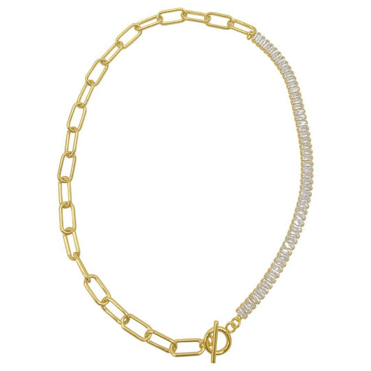 Half Chain and Half Crystal Chain Toggle Necklace