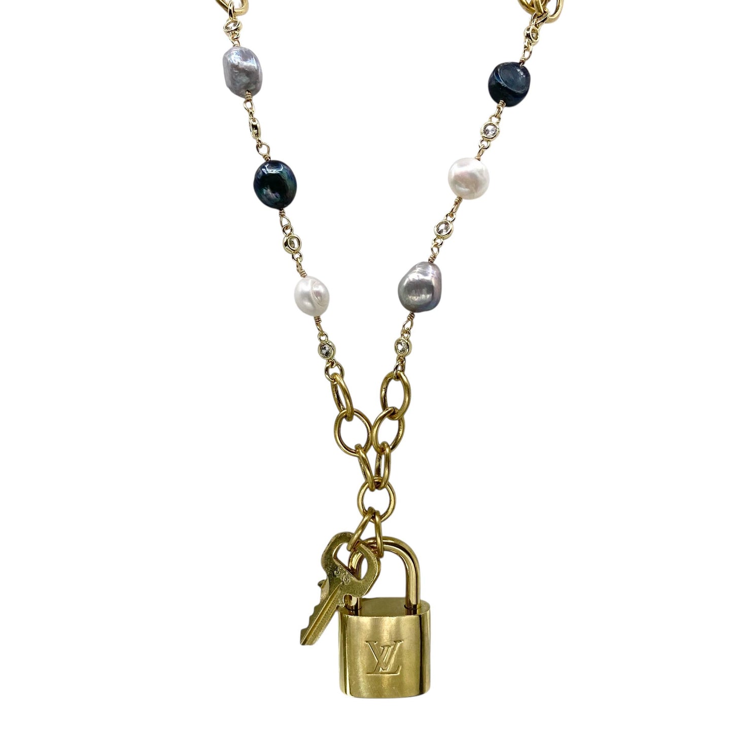LV lock denim freshwater pearl statement necklace 