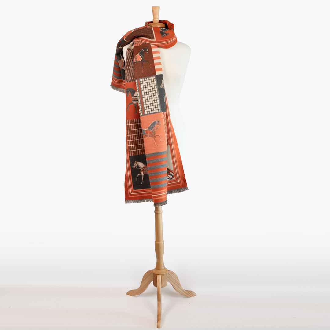 Devon -  Tangerine Equestrian Motif Luxe Shawl