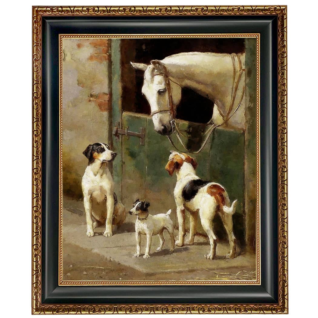 Dog and Horse at Stable Framed Painting Print on Canvas