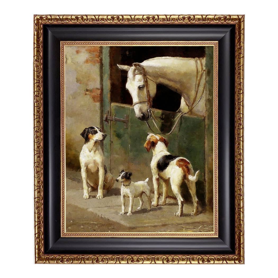Dog and Horse at Stable Framed Painting Print on Canvas