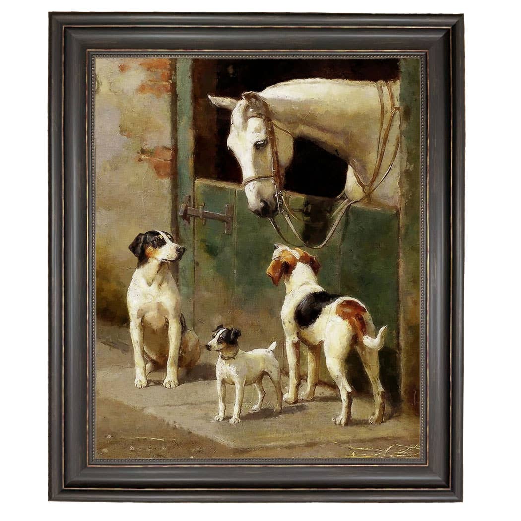 Dog and Horse at Stable Framed Painting Print on Canvas