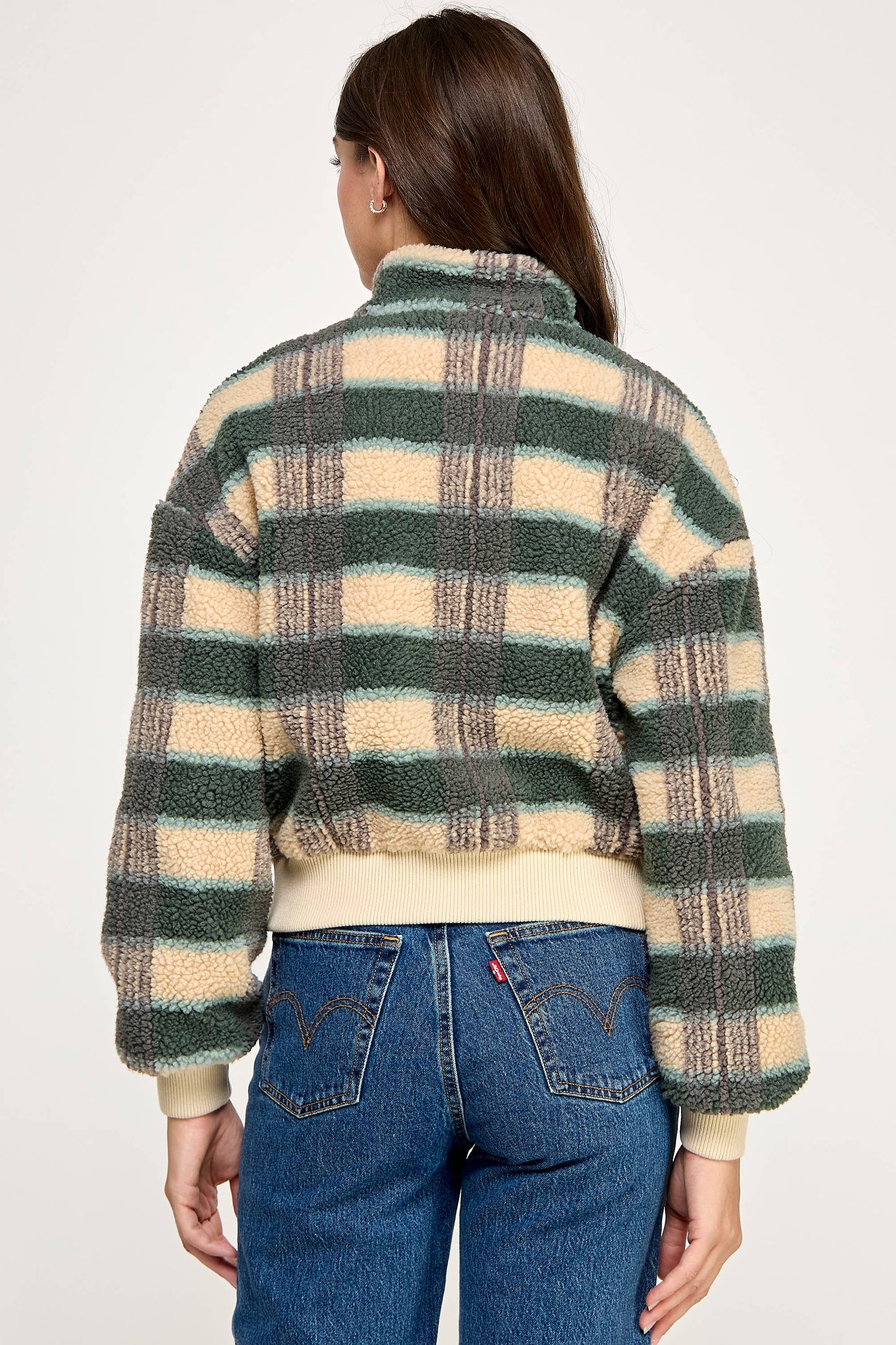 PLAID SHERPA JACKET-CREAM FOREST