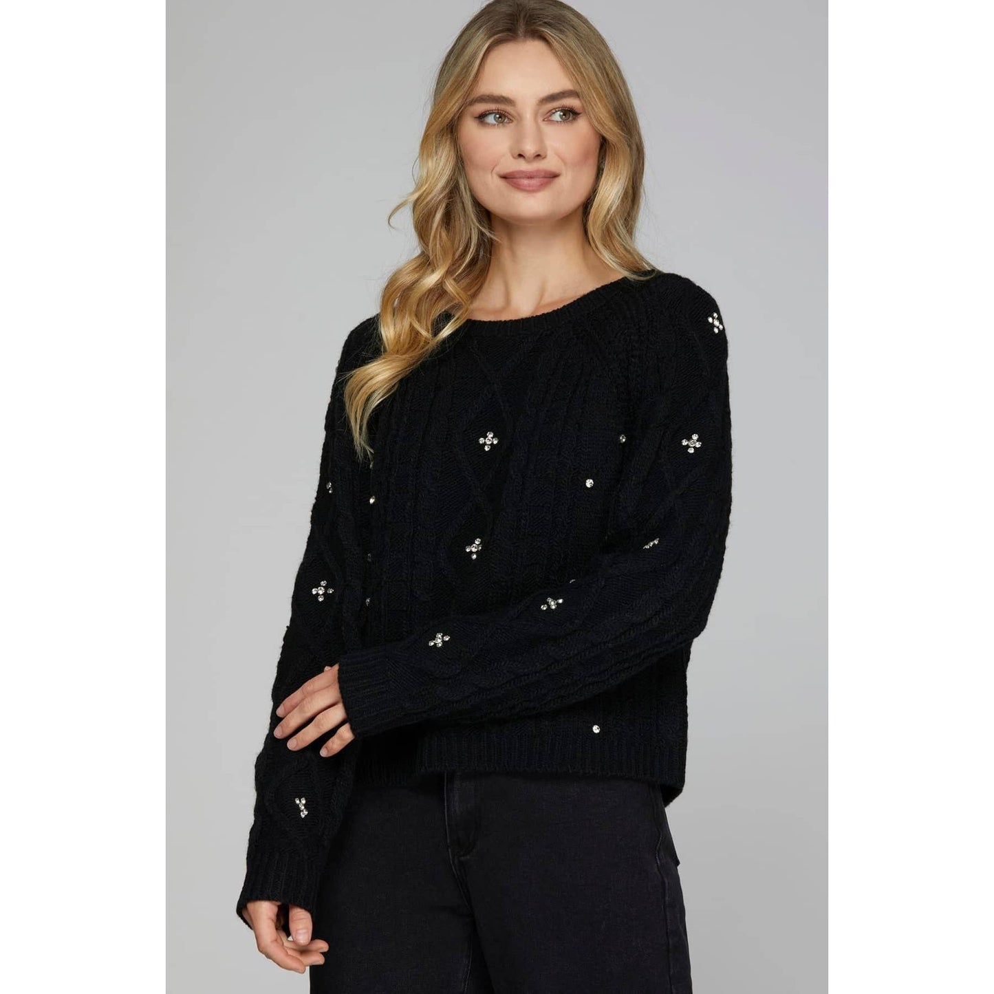 Cable Long Sleeve Knit Sweater Top with Rhinestone