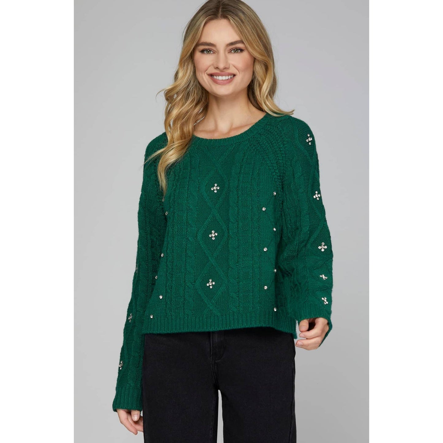 Cable Long Sleeve Knit Sweater Top with Rhinestone