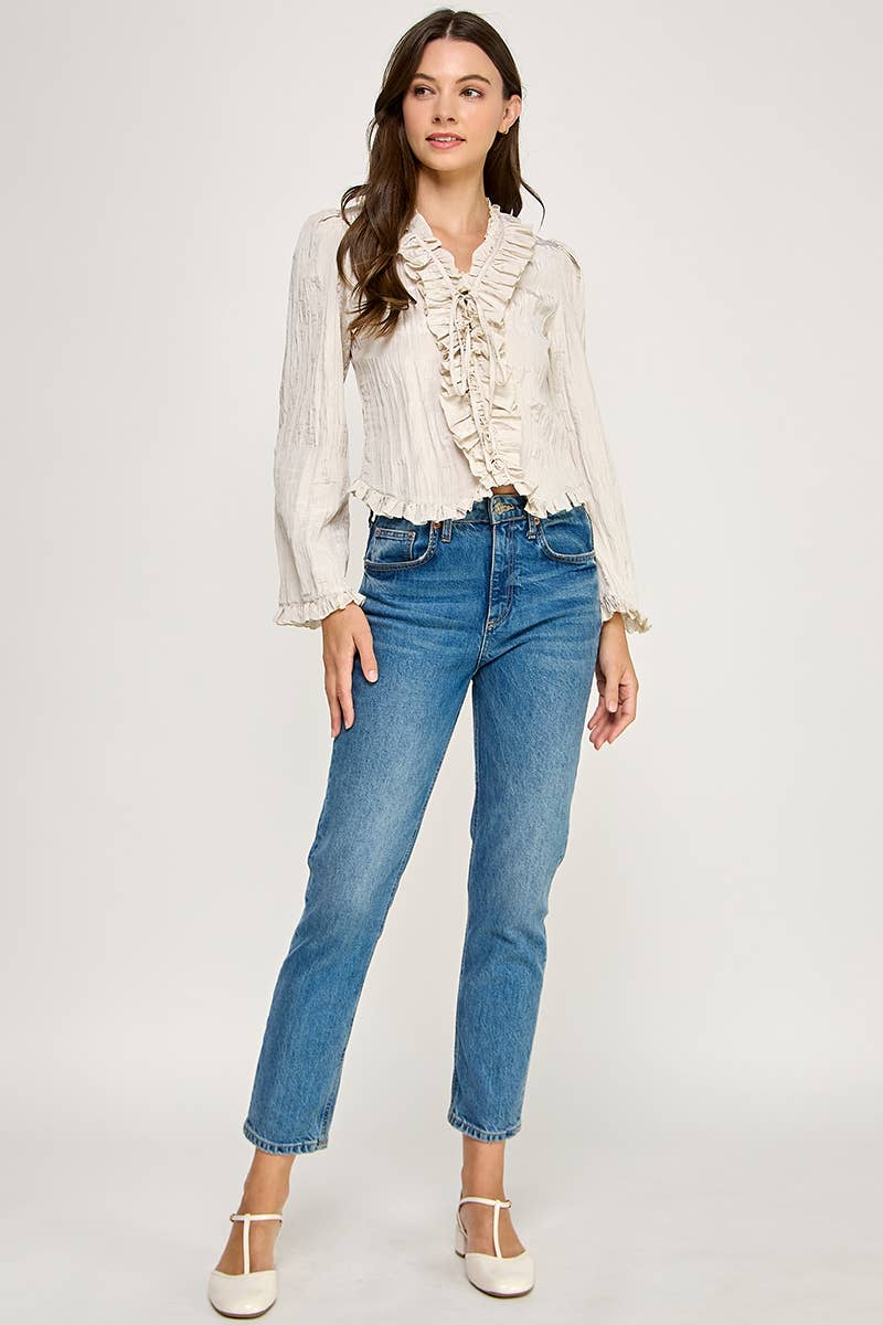 LONG-SLEEVE RUFFLED V-NECK BLOUSE