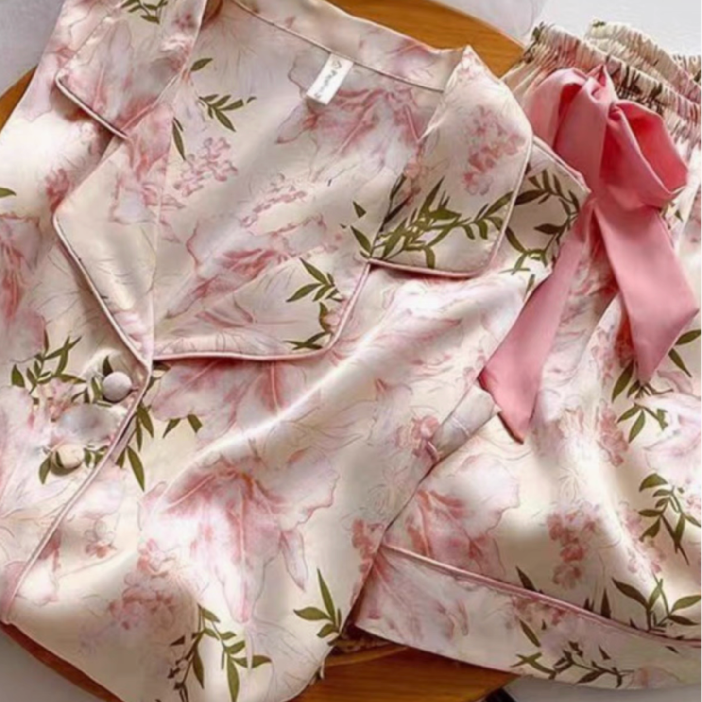 Floral Satin Pajama Set – Premium Ice Silk Feel with Pockets