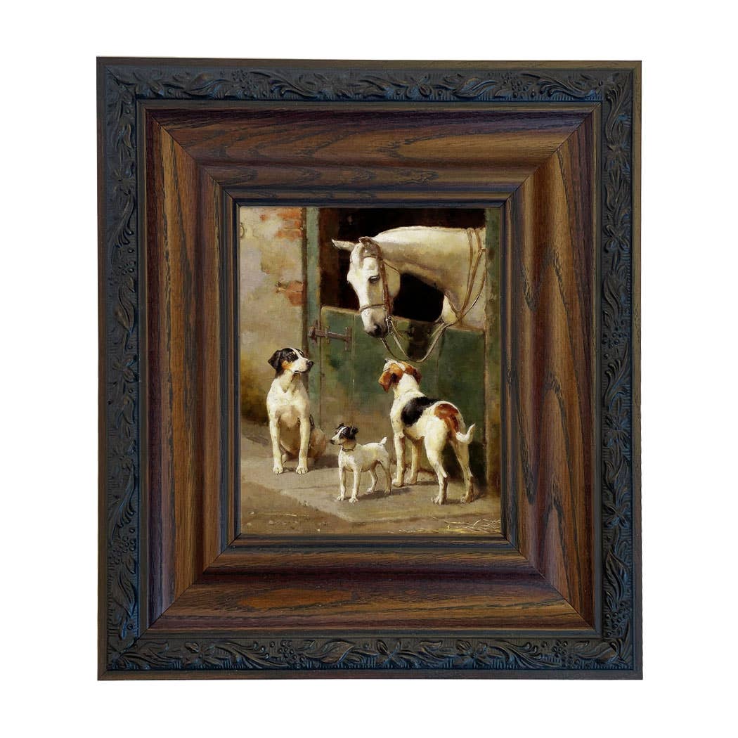 Dog and Horse at Stable Framed Painting Print on Canvas