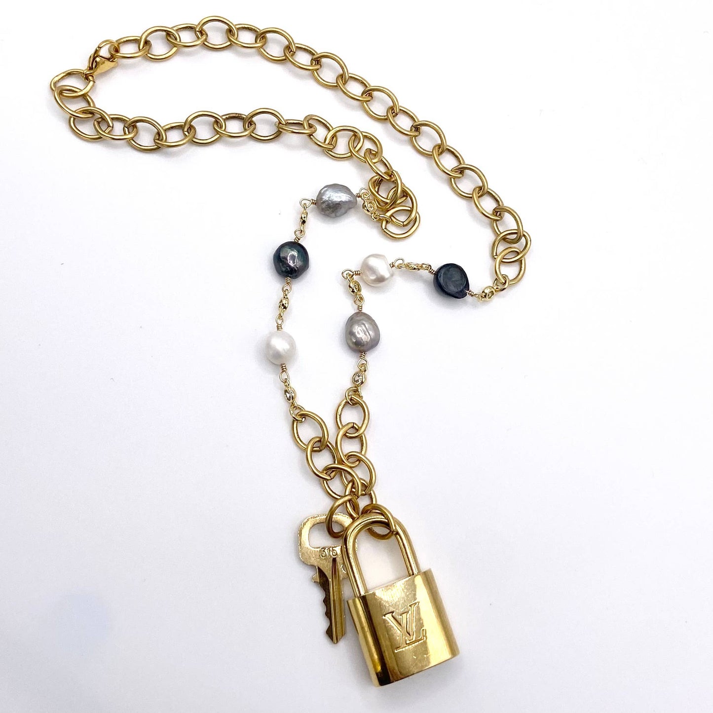 LV lock denim freshwater pearl statement necklace 