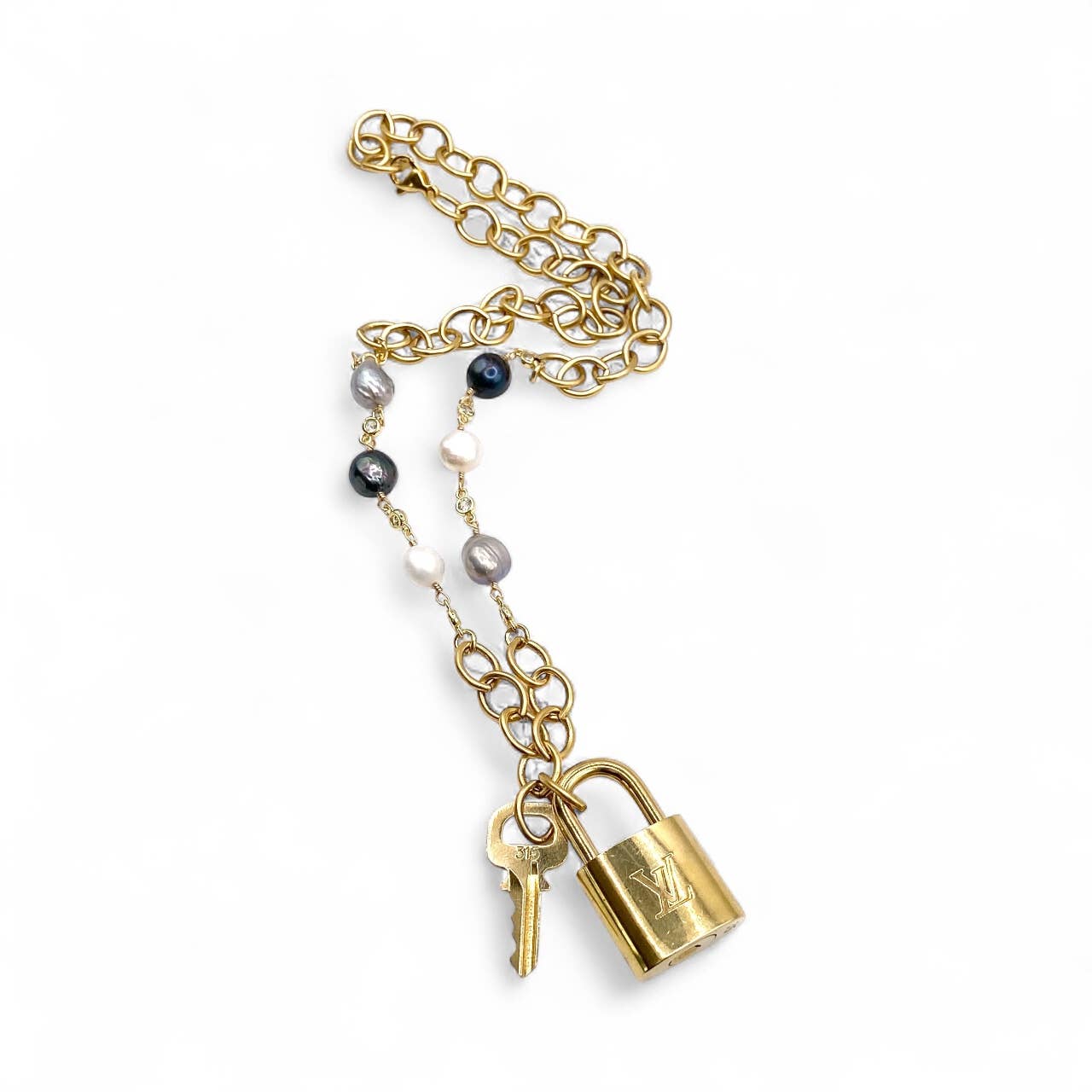 LV lock denim freshwater pearl statement necklace 