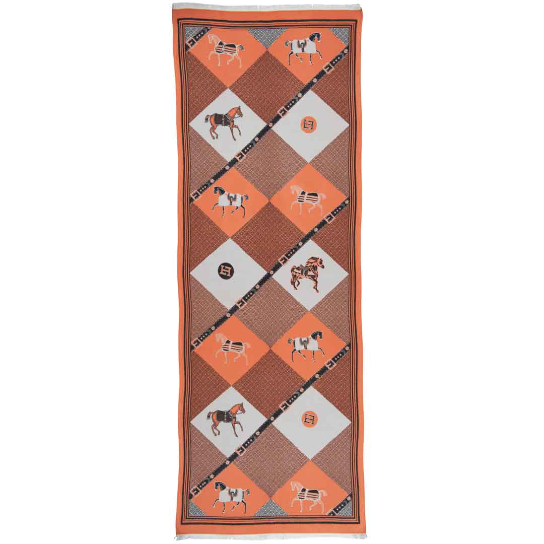 Della -  Tangerine Equestrian Motif Luxe Shawl