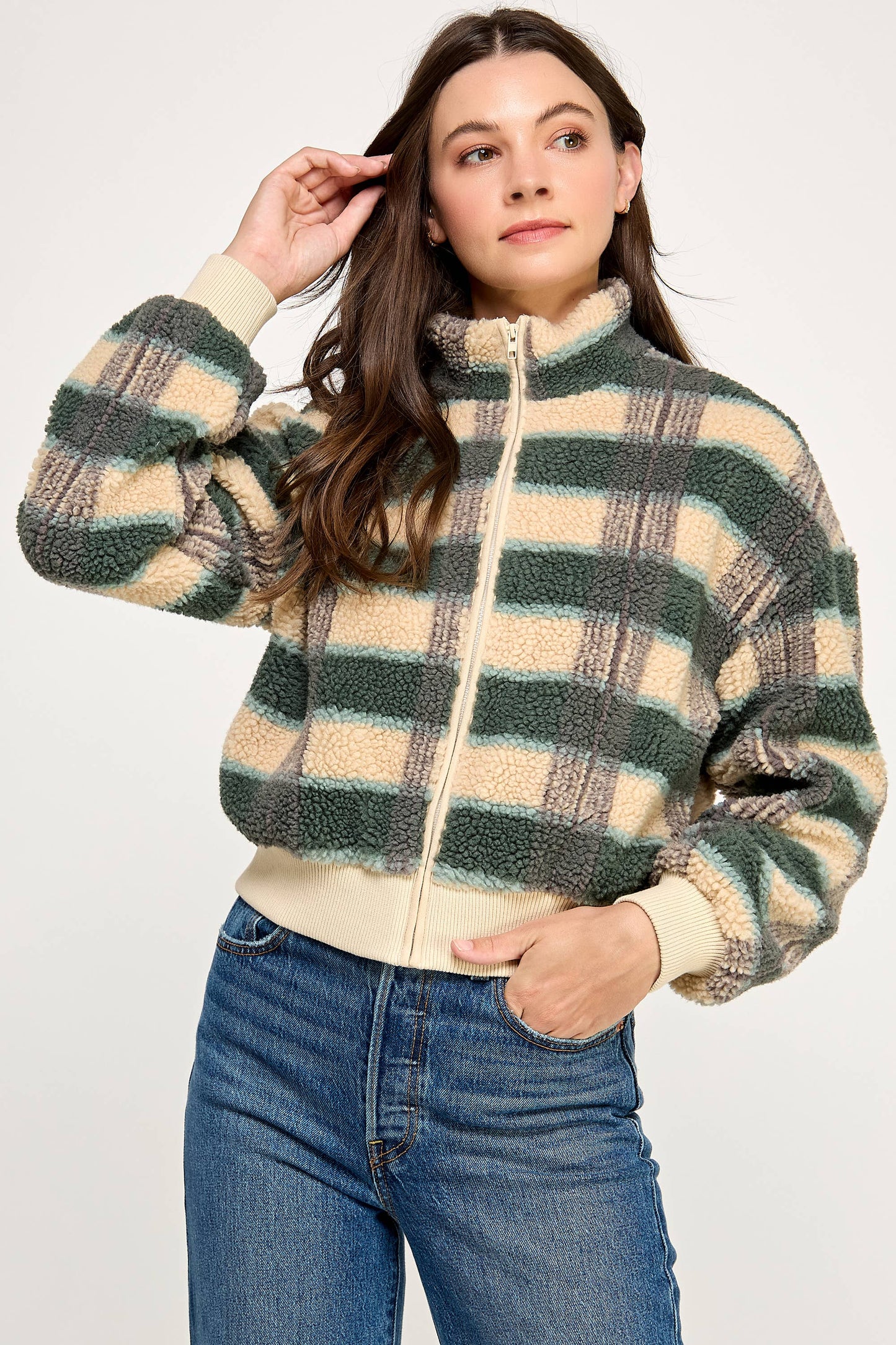 PLAID SHERPA JACKET-CREAM FOREST