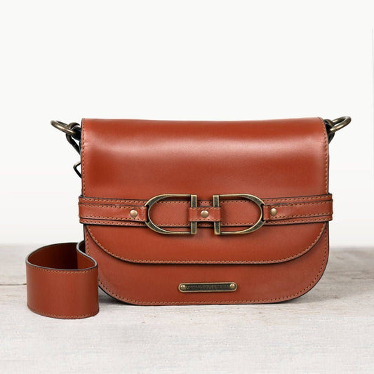 Delaney - Equestrian Stirrup Crossbody Luxury Leather Handbag in Cognac