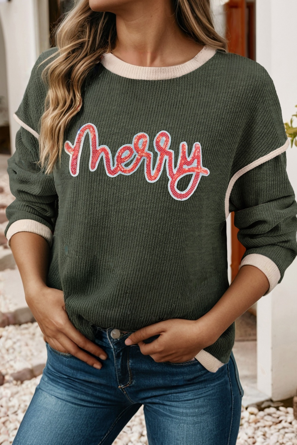 LDC Merry Graphic Contrast Trim Christmas Knitted Top