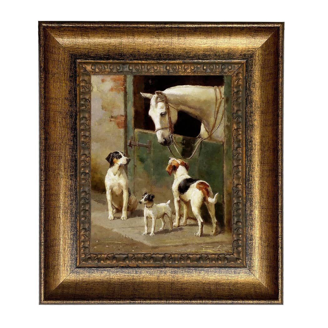 Dog and Horse at Stable Framed Painting Print on Canvas