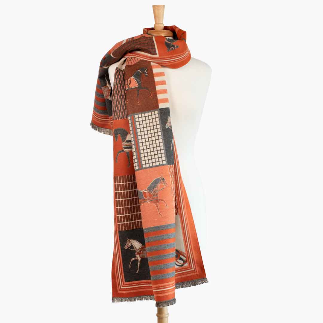 Devon -  Tangerine Equestrian Motif Luxe Shawl