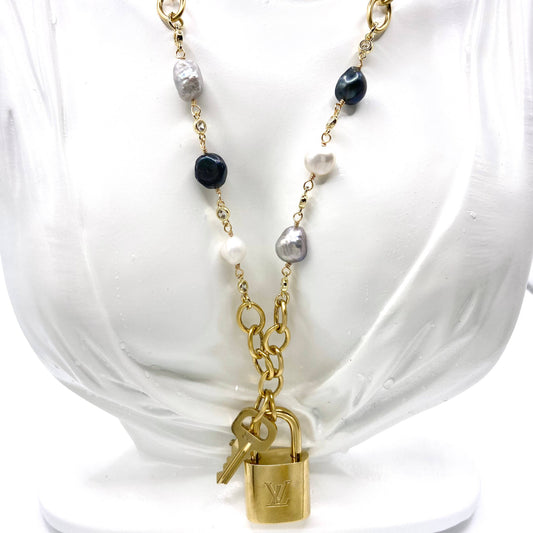LV lock denim freshwater pearl statement necklace 