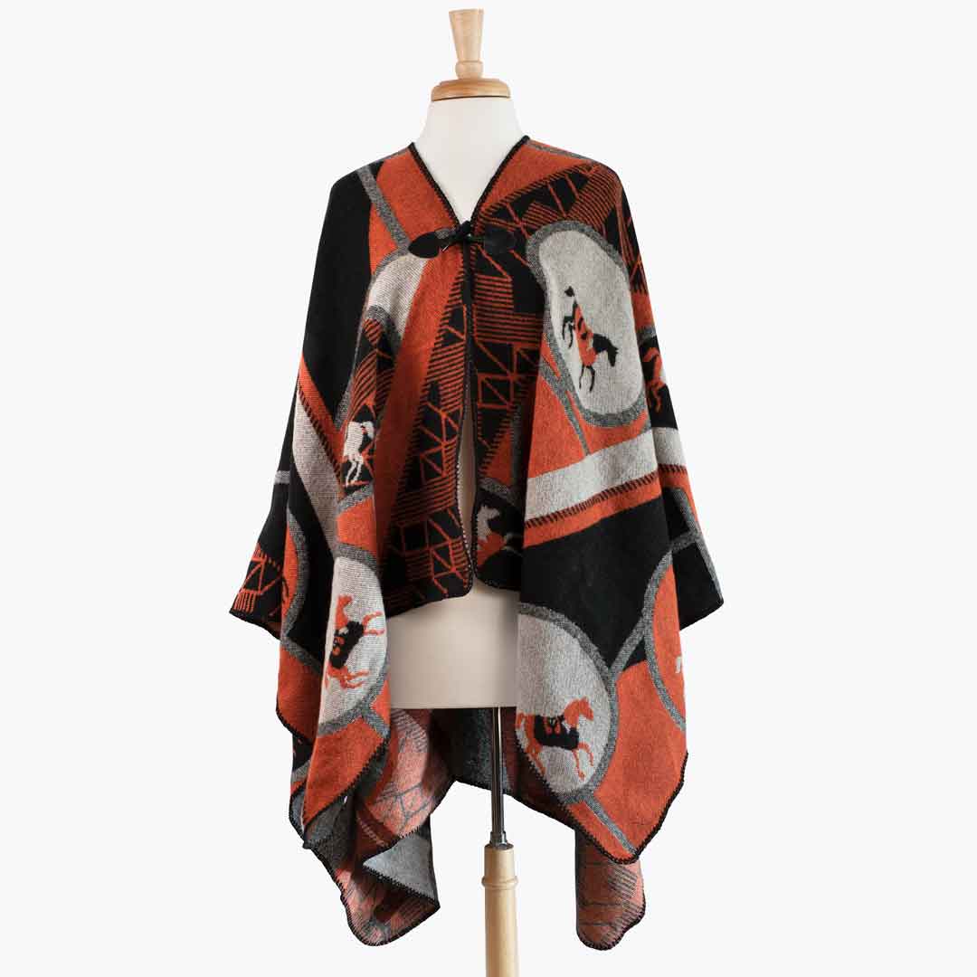 Adina -  Equestrian Motif Shawl in Tangerine, Charcoal and Black Luxe Wrap