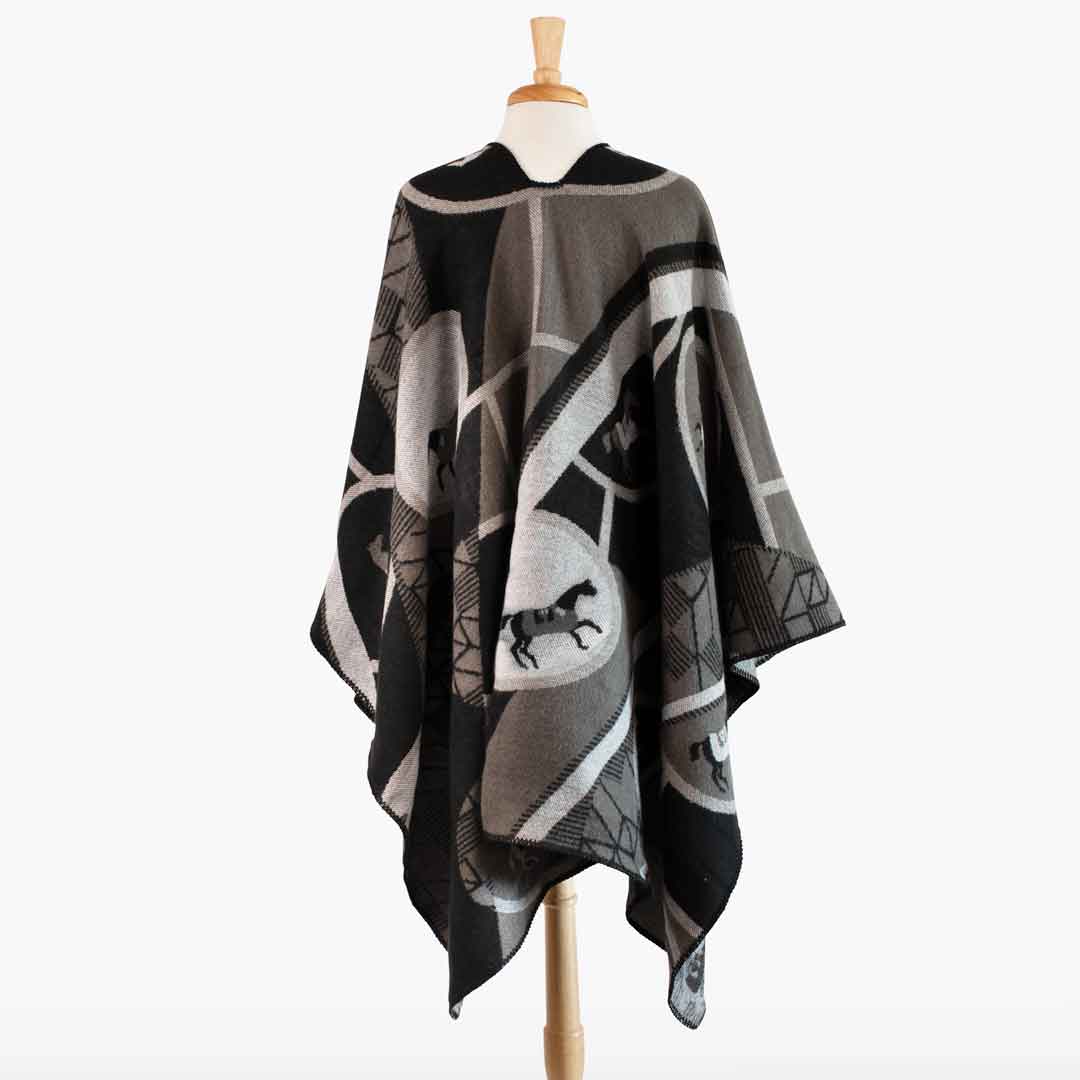 Adina -  Equestrian Motif Shawl in Charcoal Wrap