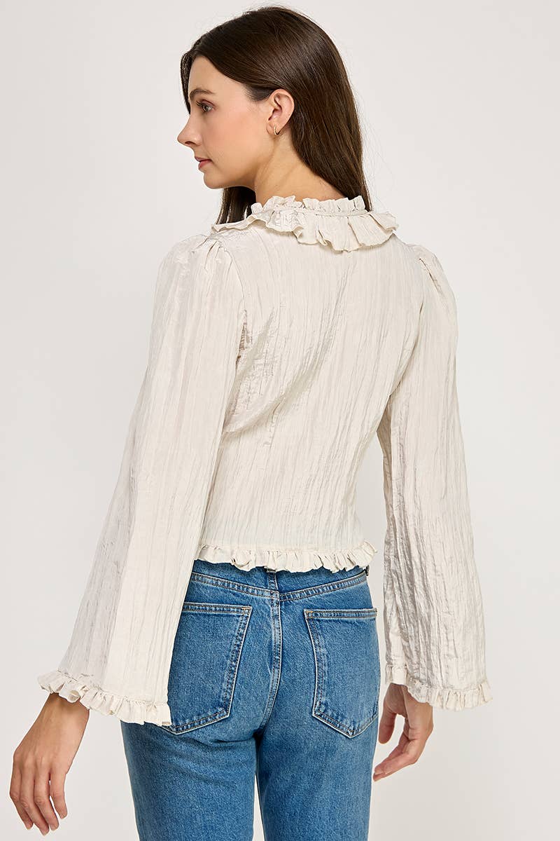 LONG-SLEEVE RUFFLED V-NECK BLOUSE