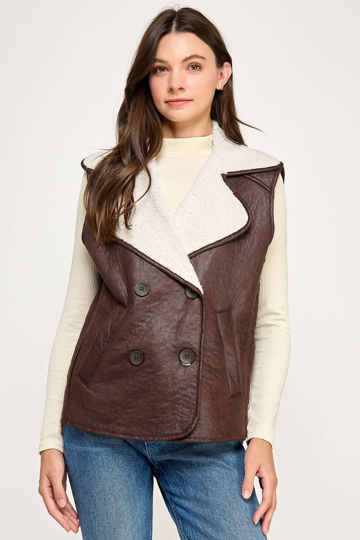 PLEATHER VEST WITH SHERA-COCOA